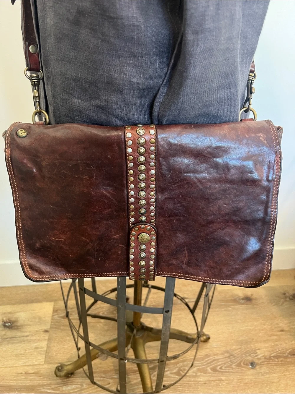 Campomaggi Dark Brown Studded Leather Messenger Bag clutch